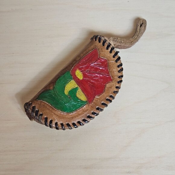 Vintage Handcrafted Leather Coin Purse Hand-Painted Floral Western Zip Closure - Picture 1 of 4